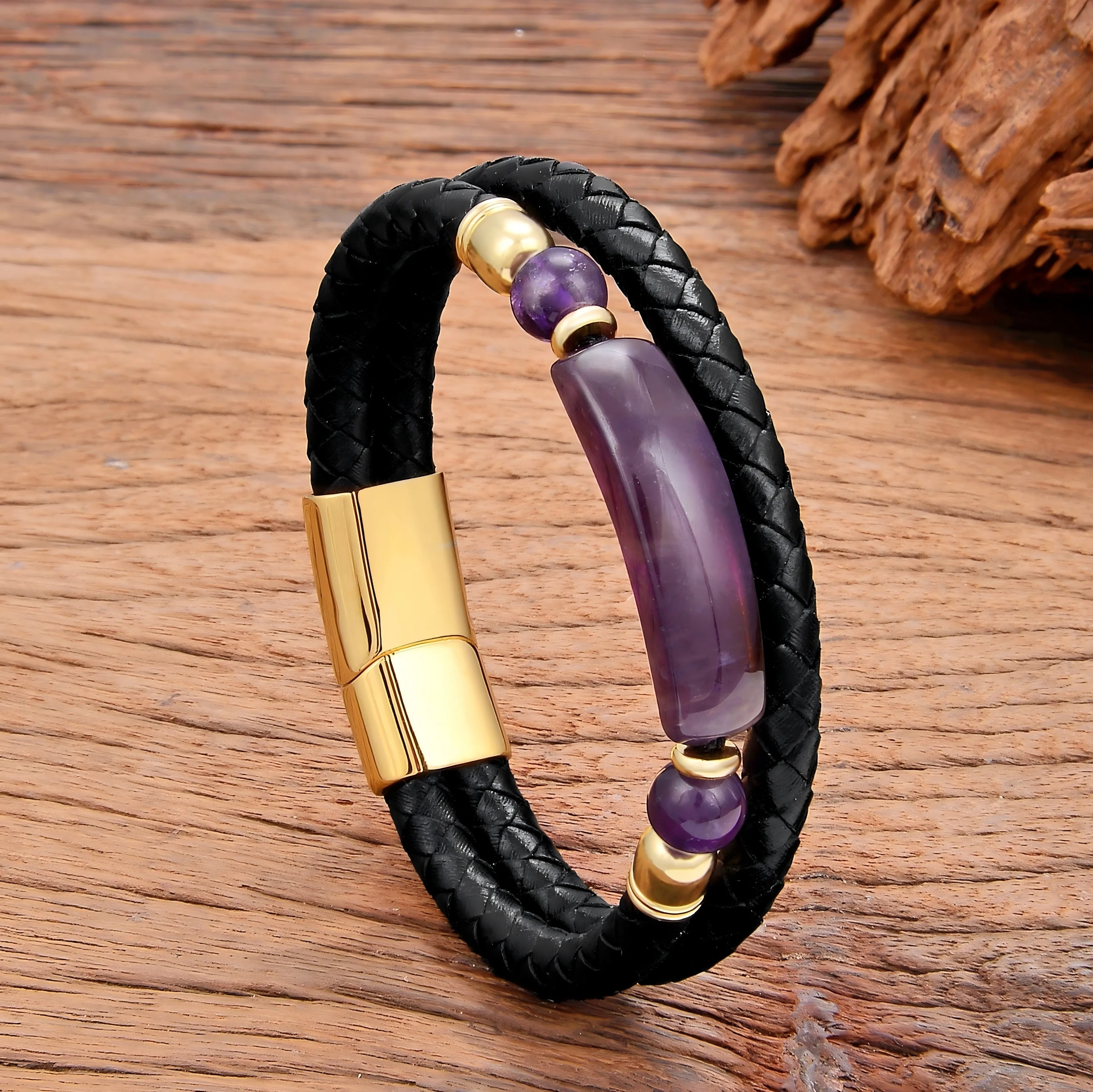 Bracelet en pierre d'améthyste naturelle, cordon en cuir tressé et chaîne énergétique en acier inoxydable, bijoux de méditation de guérison des chakras