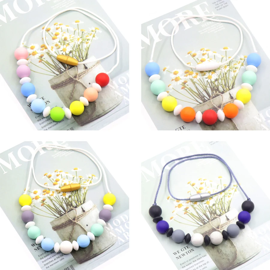 Baby Teether Necklace Food Grade Rainbow Color Silicone Beads Necklace Toddler Holder Toy Nursing Jewelry For Mommy Teething Toy