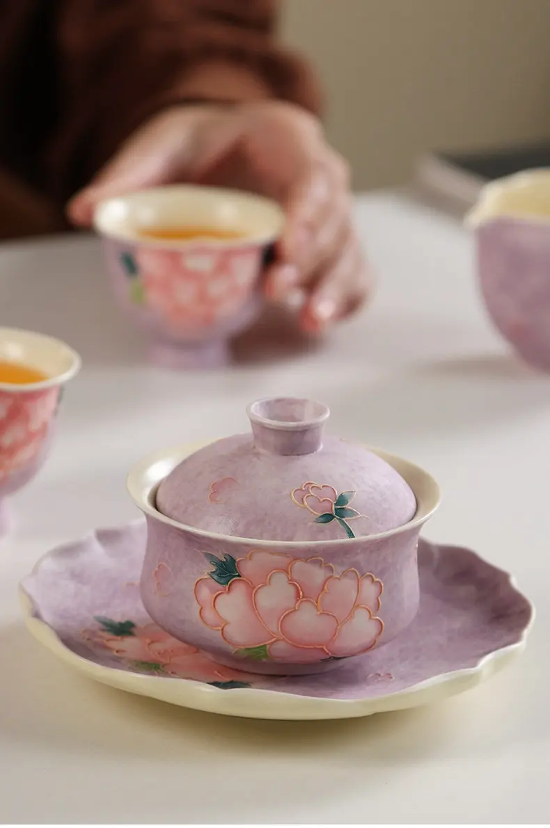 

Desktop ornaments tea set ceramic hand-carved hand-painted overed bowl for home single non-hot multi-functional large capacity