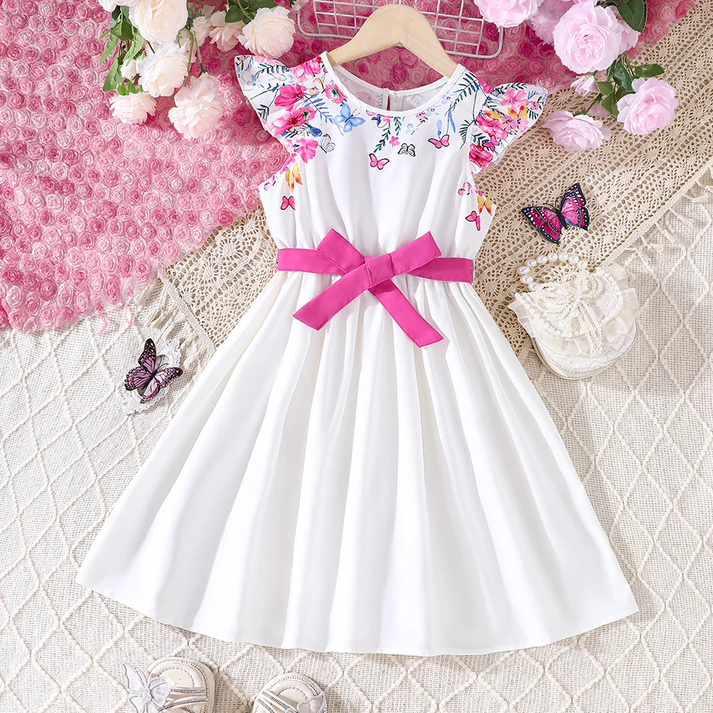 

2024 Summer New Arrival Girls Sleeveless Print Butterfly Sashes Pink Roupa Infantil Menina Cute Party Dress Custume 18M-7T