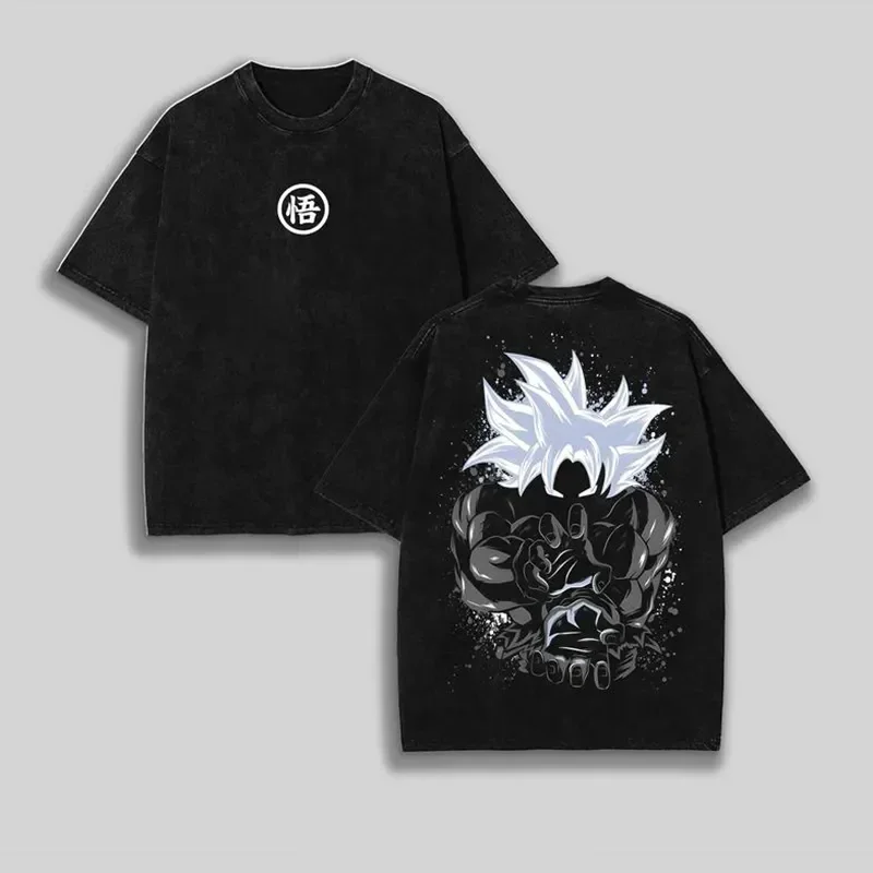Goku Ultra Instinct T Shirt Men Acid Wash Oversized Anime Silver Hair Cotton Vintage Gym Streetwear Splatter Graphic Back Tee