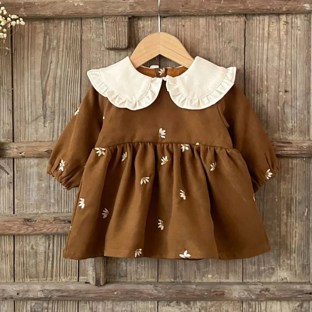 1-3 سنة طفلة الخريف نمط جديد دمية طوق بأكمام طويلة فستان الأميرة الأزهار النسخة الكورية زي الأطفال غير رسمي
