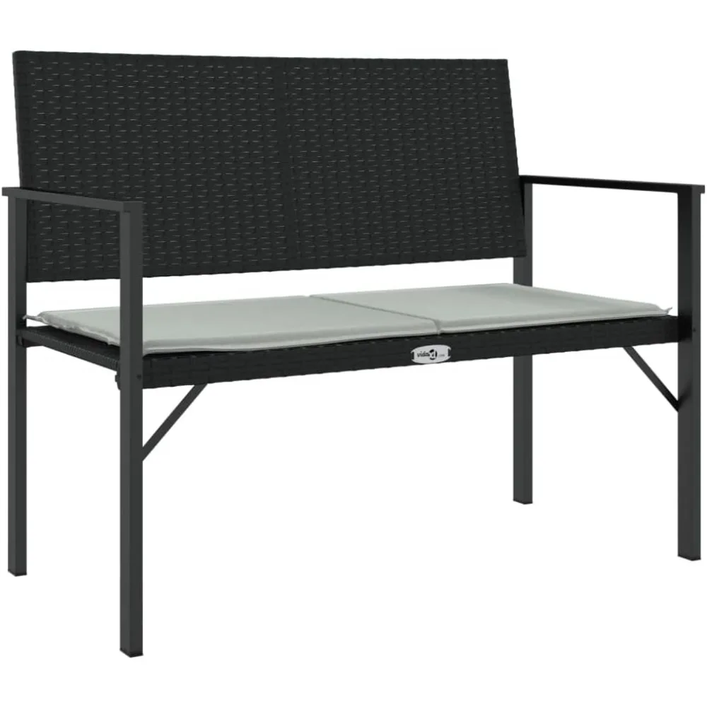 vidaXL - Modern 2-Seater Patio Bench with Cushion, Durable Poly Rattan and Steel Frame Construction, Black - Outdoor Garden and