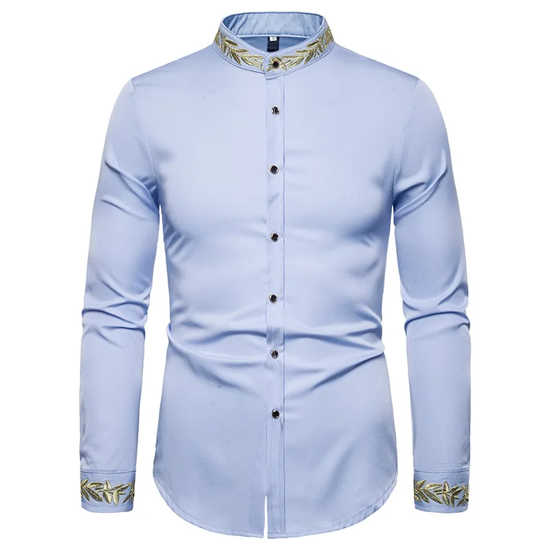 Camisa de manga comprida bordada preta masculina, camisa de vestido, gola mandarim, trabalho, casual, social, marca, 2023