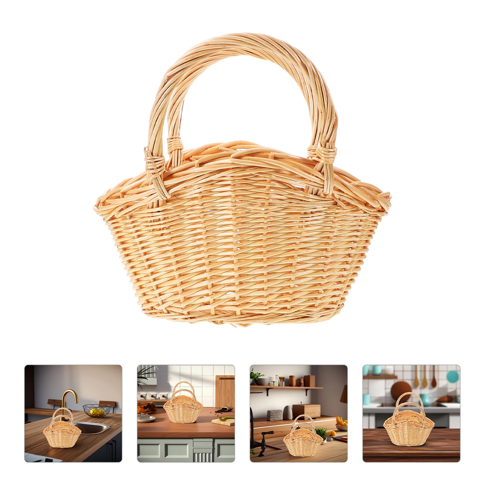 

Natural Rattan Vegetable Basket Wicker Fruit Picking Basket Portable for Kitchen Pantry Storage Organizer Snack Baskets