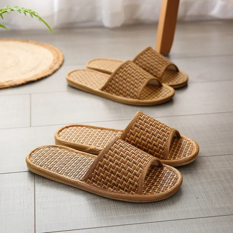 Spring and summer bamboo woven rattan and grass lovers straw mat slippers indoor wooden floor home linen slippers