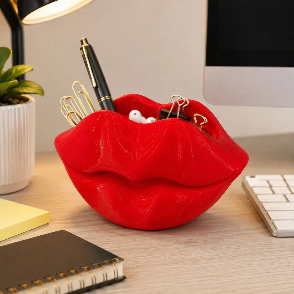 Funny Red Lips Shaped Storage Box Makeup Brush Holder Desktop Pen Organizer Vanity Jewelry Decor 3D Printed