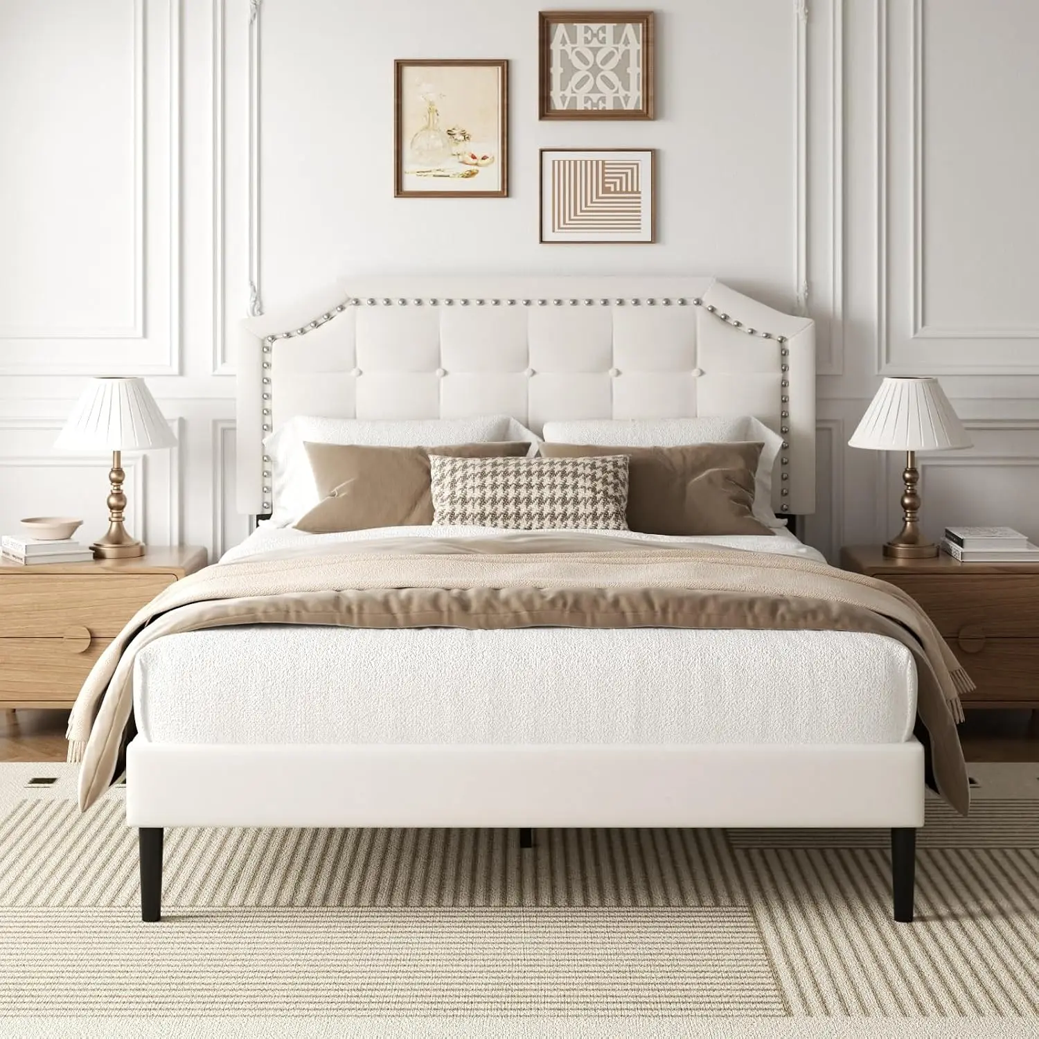 Queen Size Bed Frame, Queen Size Platform Bed Frame with Upholstered Button Tufted Headboard, Strong Wood Slats, No, Customized