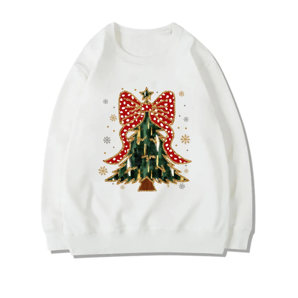 Colorful Coquette Christmas Tree Print Sweatshirt Girly Christmas Tree Bow Hoodie Winter Girl Long Sleeve Clothes Xmas Party Top