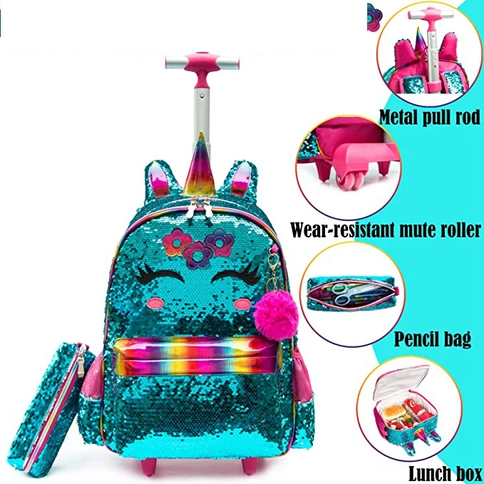 16 Inch Rollende Zakken Met Wielen Rollende Rugzak Voor Meisjes Kids School Trolley Tas School Wielen Rugzak Tas