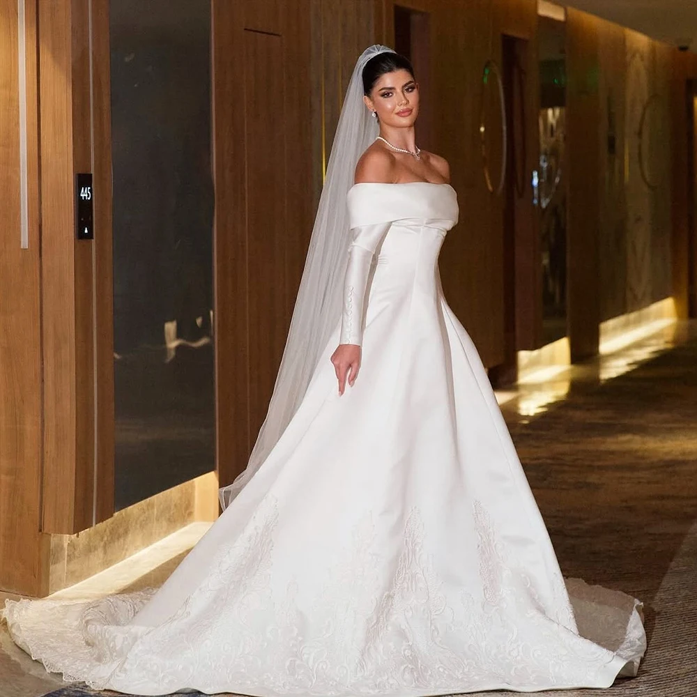 Customized Boat Neck White Satin A-line Wedding Gowns Full Sleeves Backless Sweep Train Floor Length Wedding Bride Dresses