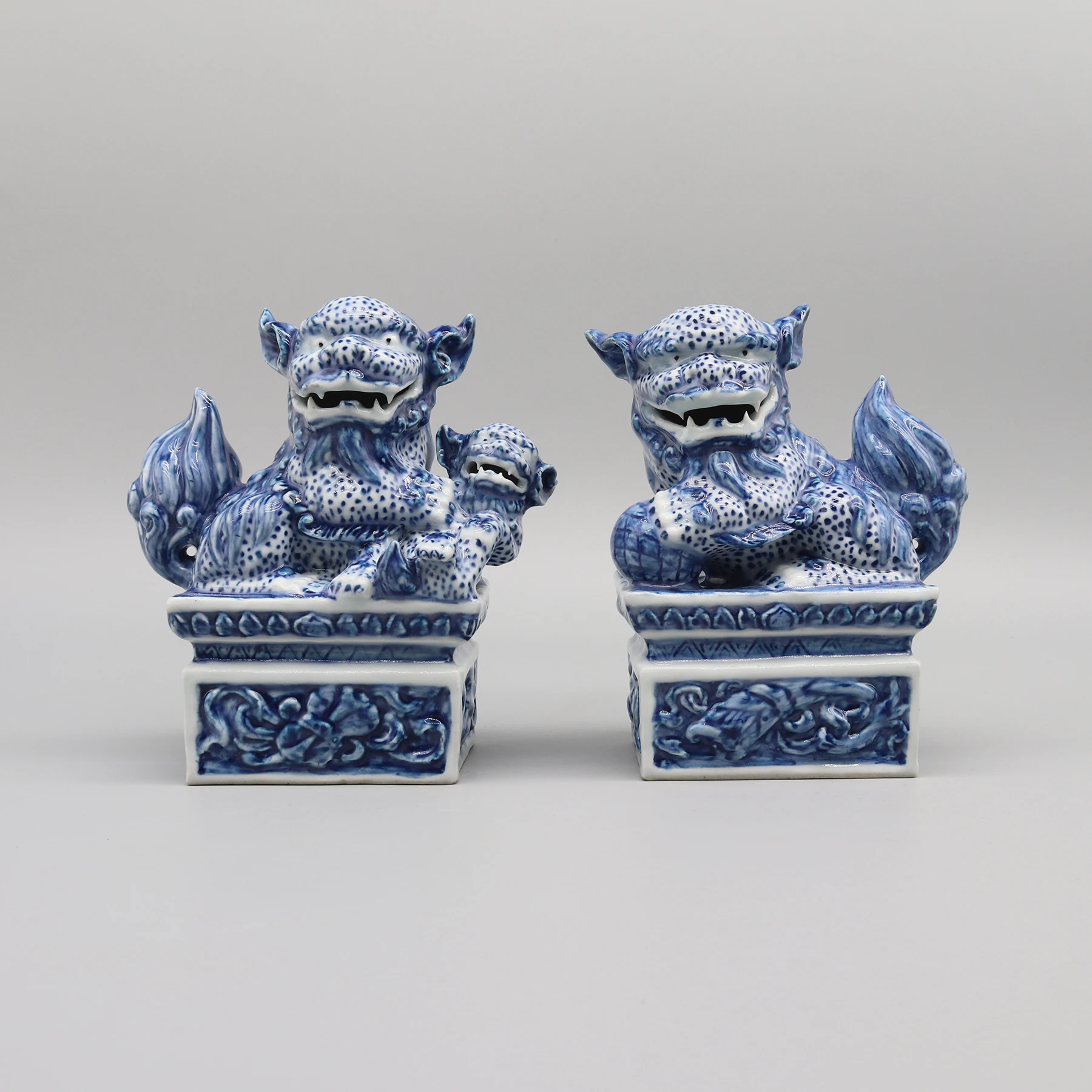 

Blue and White Ceramic Lion Statuettes, Hand Painted Collectible Ceramics, Home Decoration