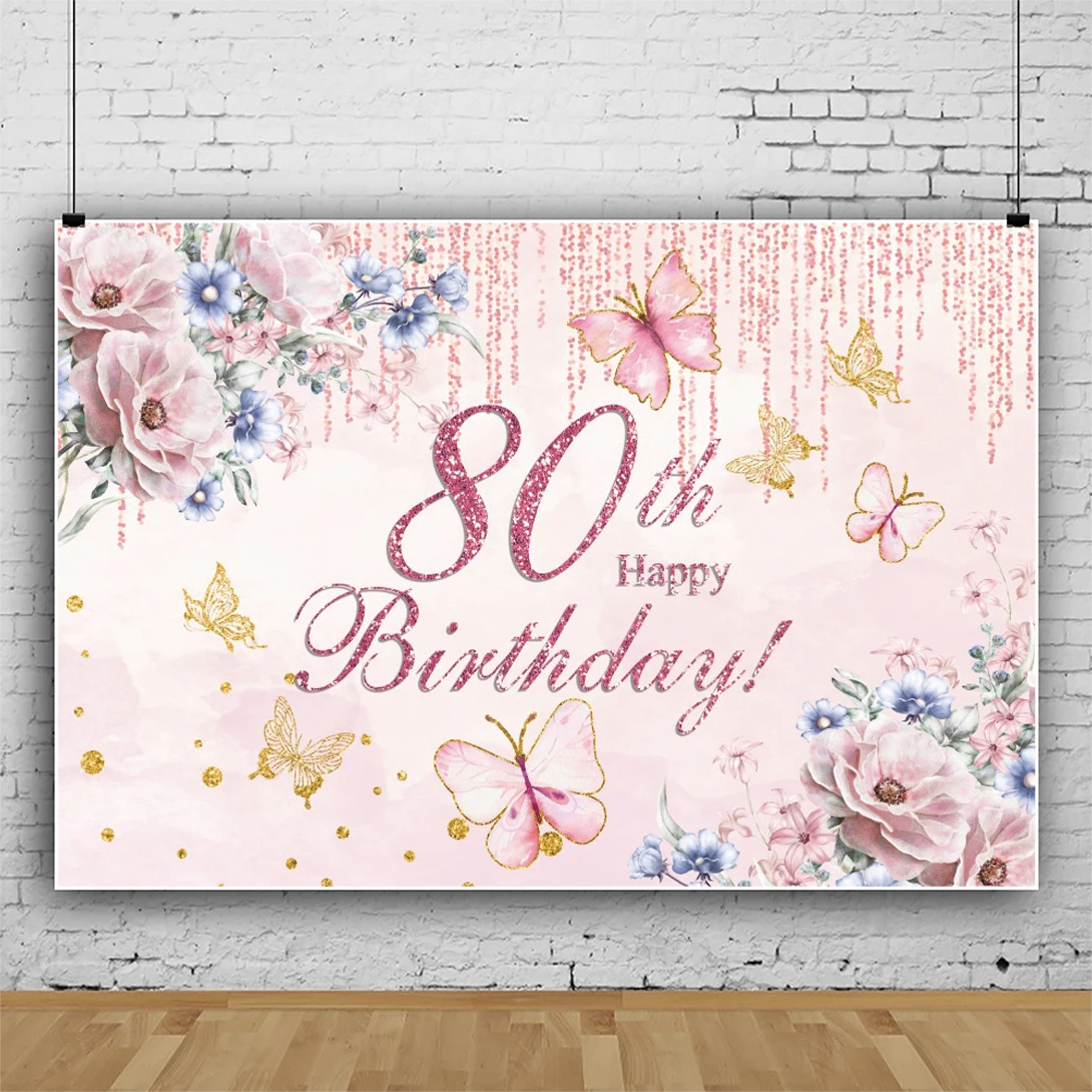 Laeacco Butterfly Birthday Backdrop Pink Flower Butterfly Happy 80th Birthday Party Decor Women Portrait Photography Background