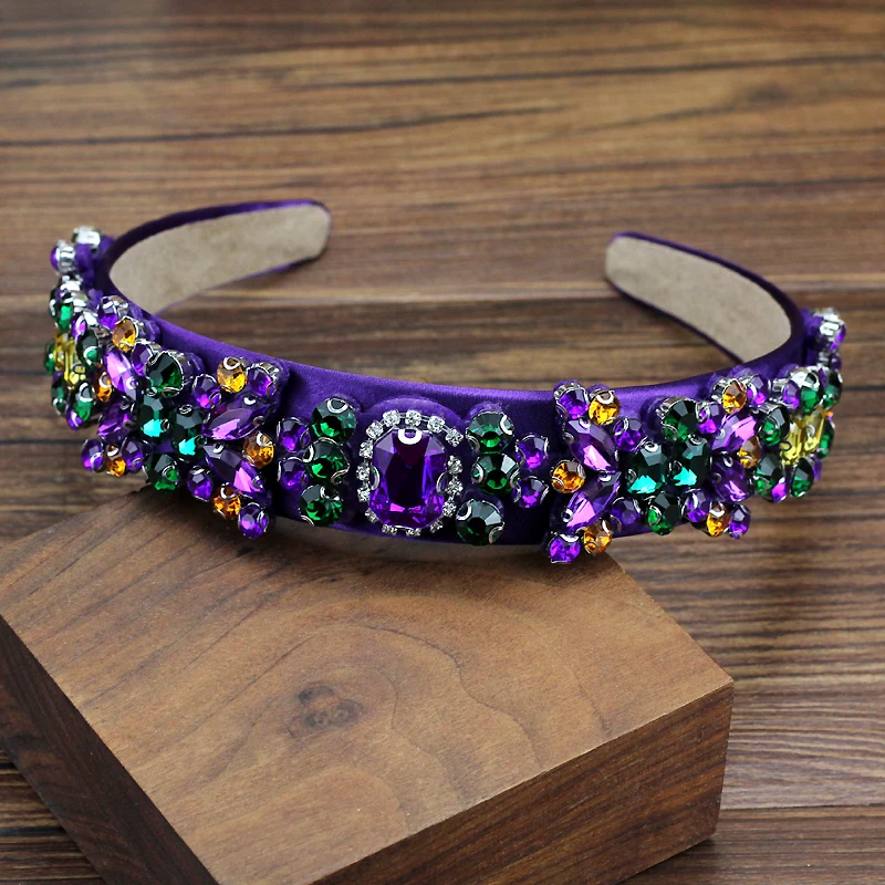 Handmade Luxury Green Purple Crystal Baroque Headbands Shiny Diamante Flower Hairbands For Women Girls Hair Jewelry