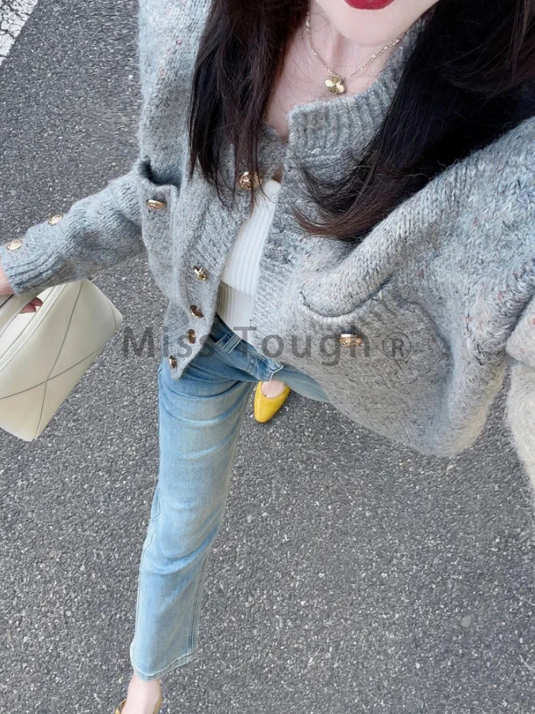 Gray Vintage Knitted Cardigan Women Autumn Winter Preppy Style Casual Sweater Coat Female Korean Fashion Retro Warm Tops 2023