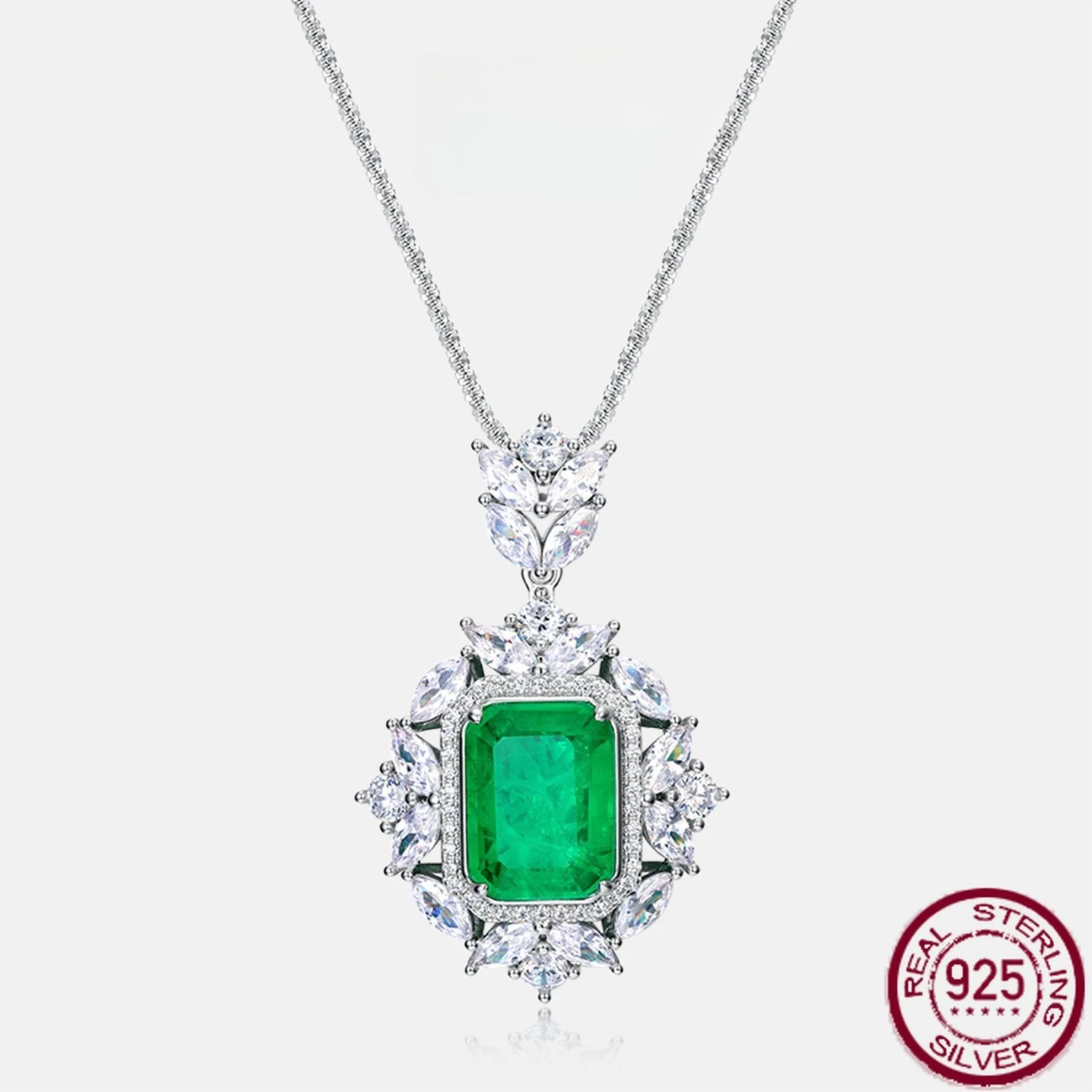 

New S925 pure silver green glass emerald inlaid white zircon necklace, retro European and American style wedding jewelry