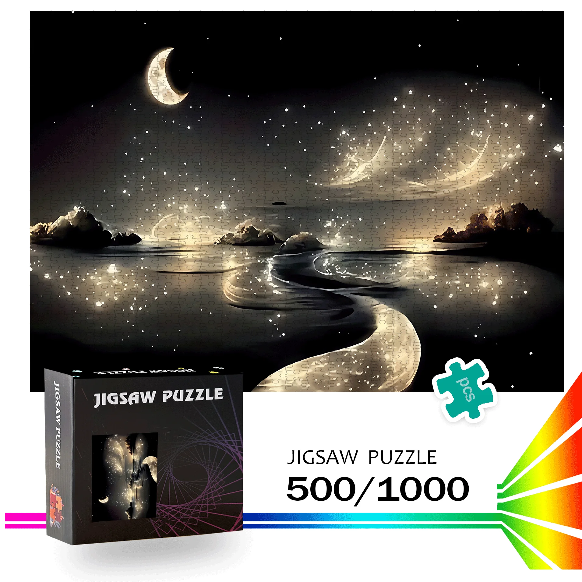 

500pcs or 1000pcs Moon and Stars Night Sky Puzzle - Portable Intermediate Challenge with Multicolor Celestial Pieces Suitable