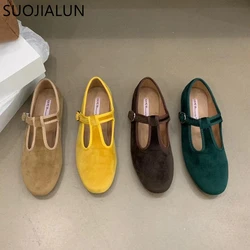 SUOJIALUN 2024 Autumn Women Flat Shoes Fashion Round Toe Slip On Ladies Elegant Mary Jane Shoes Soft Flat Heel Ballerinas Shoes