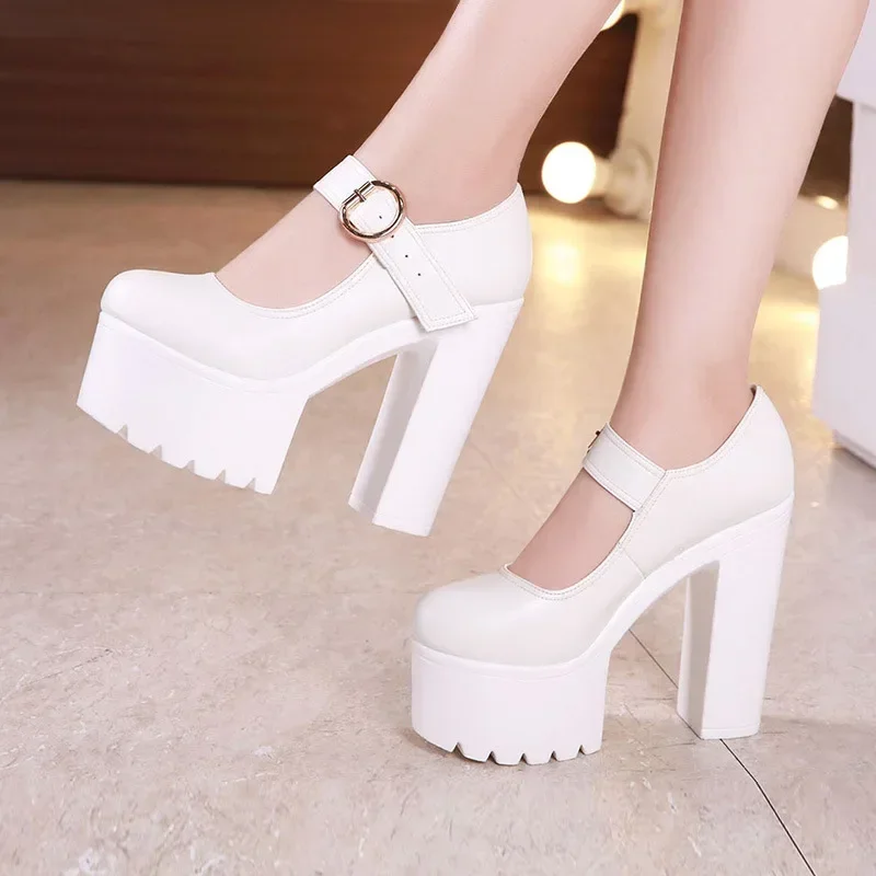 Small Size 32-43 Shallow Soft Leather Mary Janes Women\'s Platform Pumps 2024 Block High Heels Shoes Office Model Wedding Mom