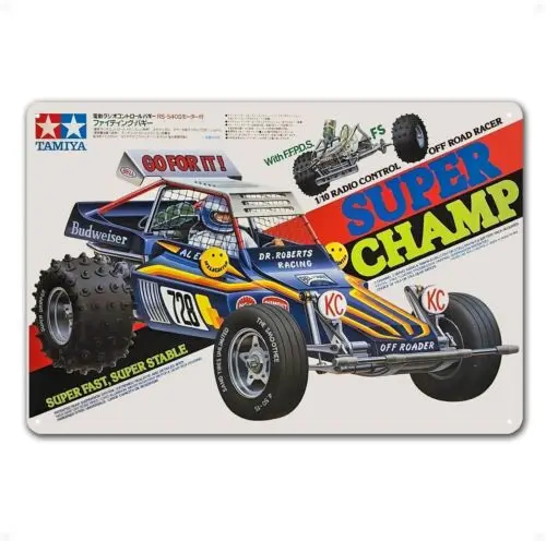 

Металлический плакат Rc Car Wall Deco Оловянная табличка Tamiya Super Champ Boxart