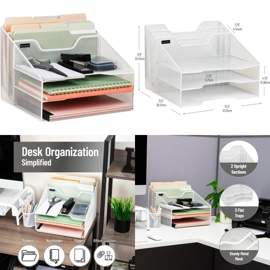 

Metal Mesh Desktop File Organizer with 3-Tier Design and 5 Compartments for Efficient Office Mail Sorting White Color Durable M