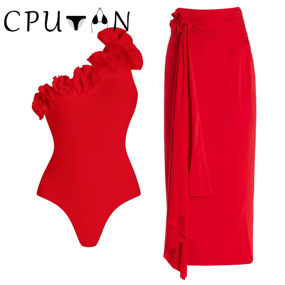 Cputan 2024 Rood Sexy 3d Bloem Een Stuk Badpak En Rok Uitgesneden Vrouwen Badmode Monokini Badpak Een Schouder Strandkleding