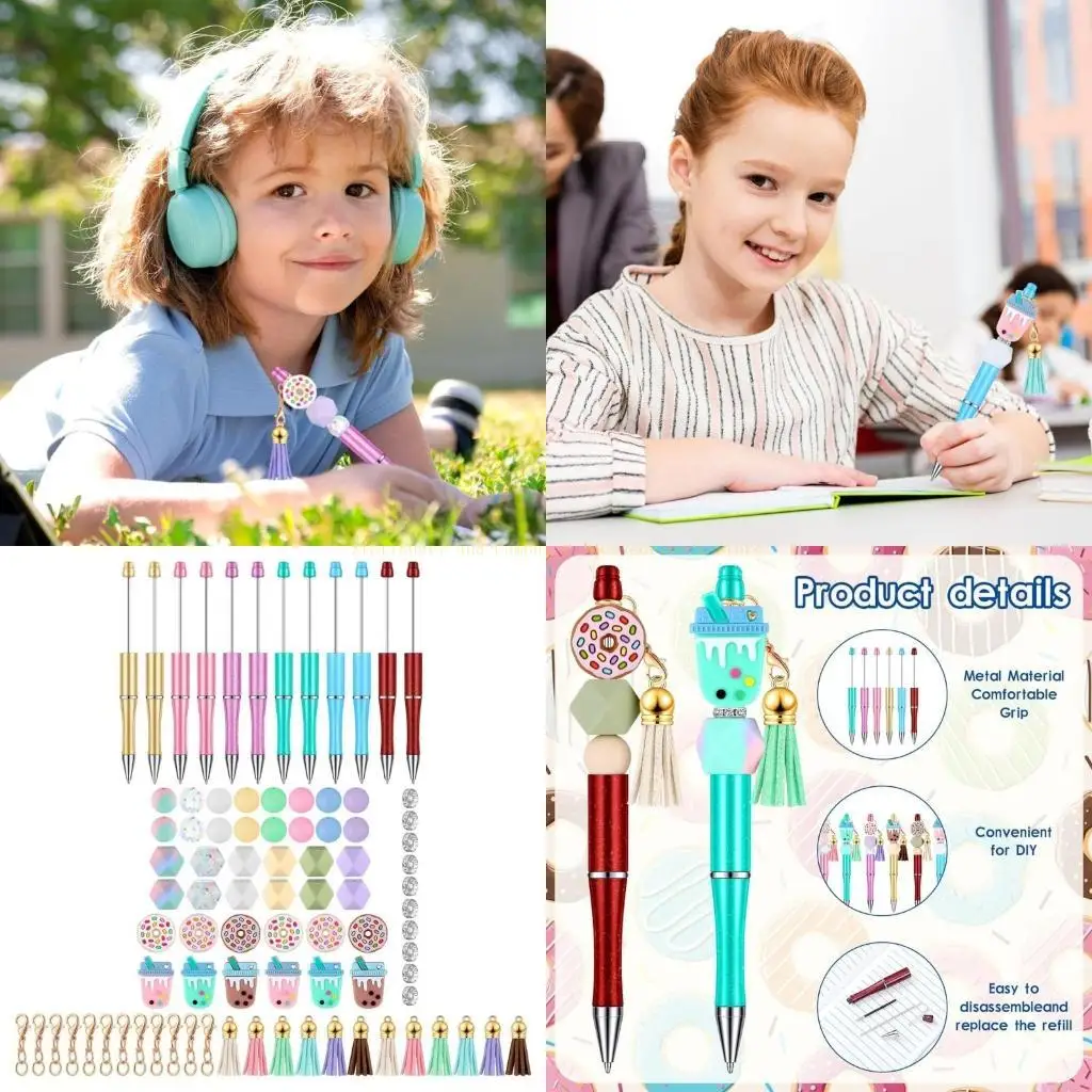 

100Pcs DIY Beadable Ballpoint Pen with Beads, Tassels and Keychain Hooks DIY Office Stationery for Christmas Party Favor