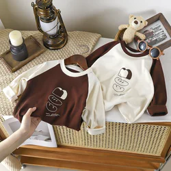 2024 Autumn Children Boys Sweatshirt Cotton Cartoon Raglan Spliced Sleeve Baby Boy Tops Loose Round Collar Toddler Kids Boy Tees