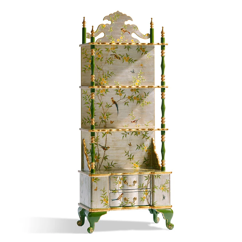 

Painted Display Cabinet Bookshelf Hand-Painted Carved Gold Foil Curio Cabinet Bamboo Cabinet