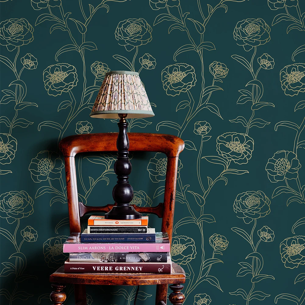 Gold Line Floral Peel And Stick Wallpaper Dark Blue Self Adhesive Waterproof Wallpaper Removable Bathroom Kitchen Contact Paper