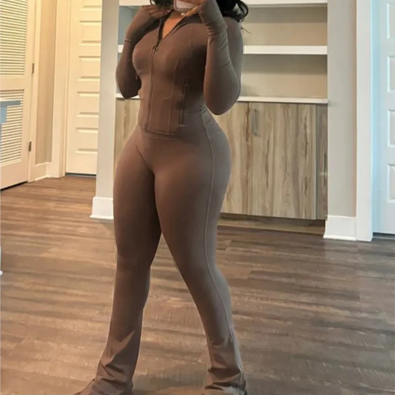 

2 Pieces Set For Woman Clothes Zipper Crop Top Flared Pants Tracksuits Set Casual Gym Active Wear Lounge Femme Matching Outfits