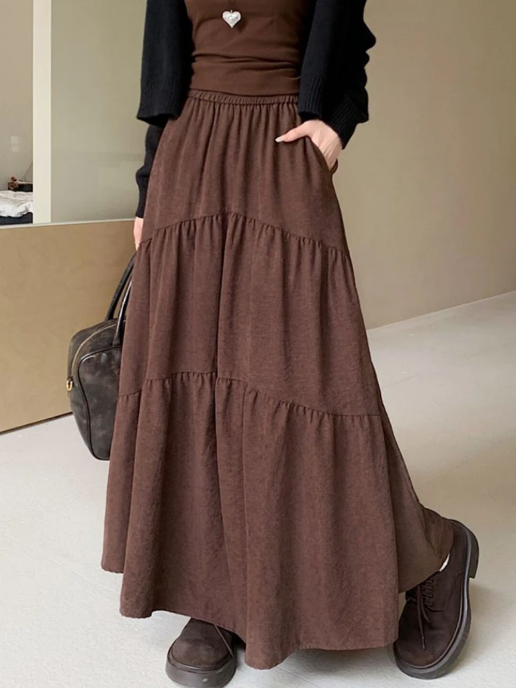 Qiukichonson Grey Maxi Long Skirt Women 2024 Korean Fashion Autumn Winter Casual High Waisted Ruffle Pleated Skirts 90cm rok