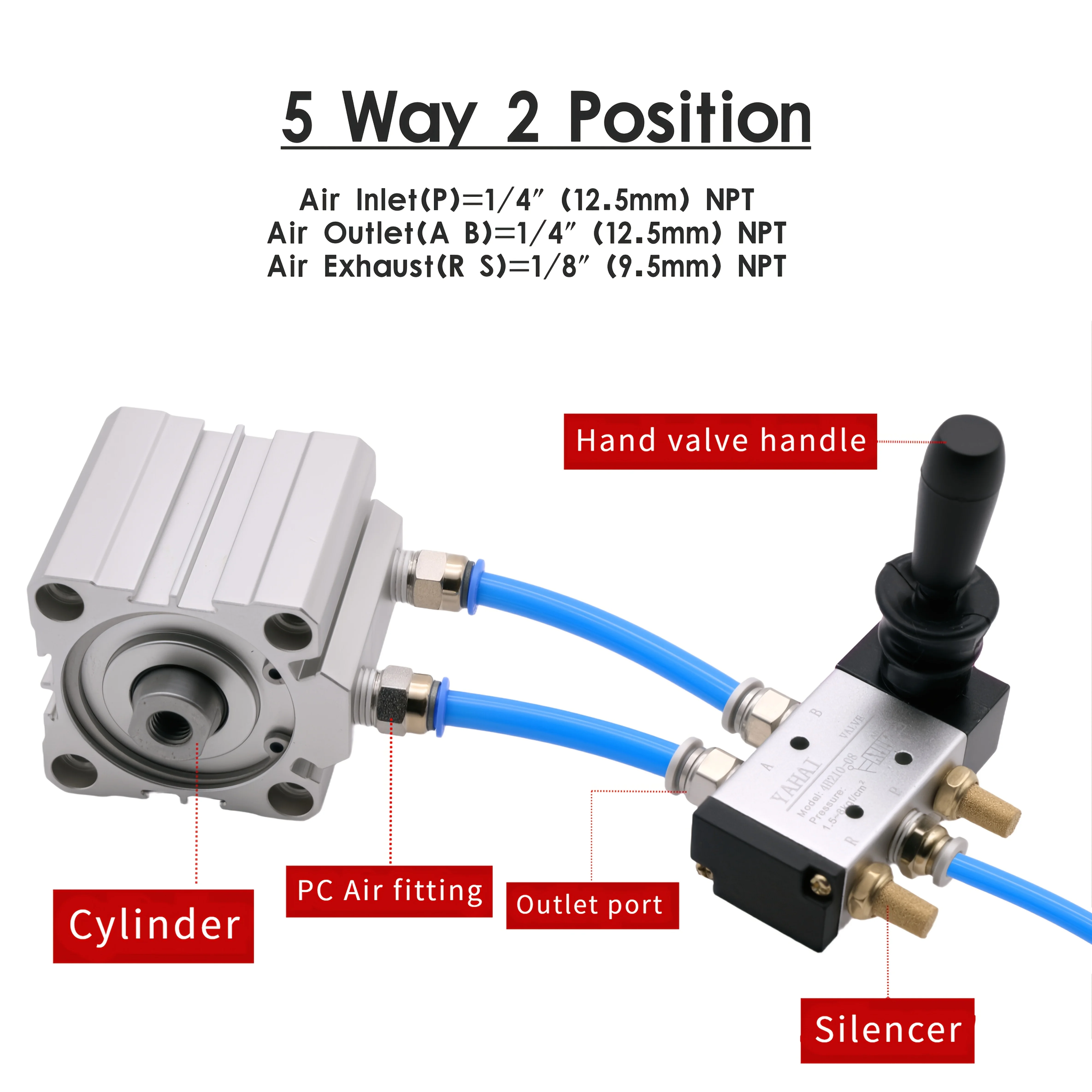 4H210-08 5/2 Way Pneumatic Hand Lever Valve Kit with 3 Fittings + 2 Mufflers + PTFE Tape