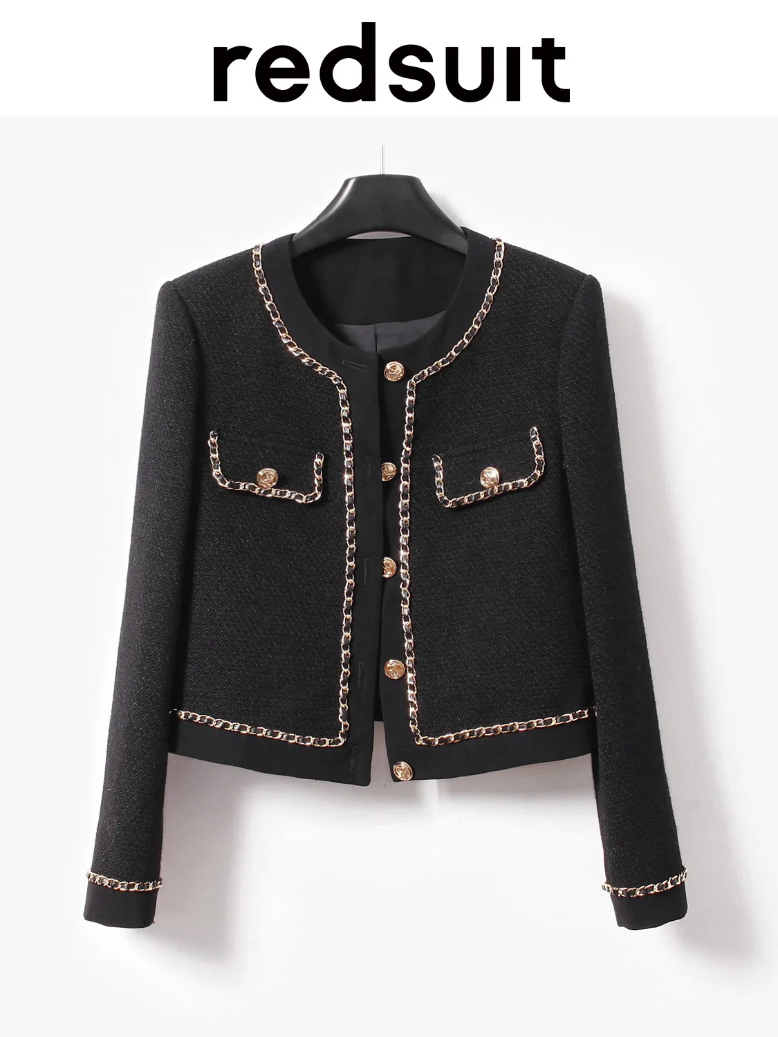 New Classic high-end black chain decoration woven tweed jacket, slimming top Custom Size