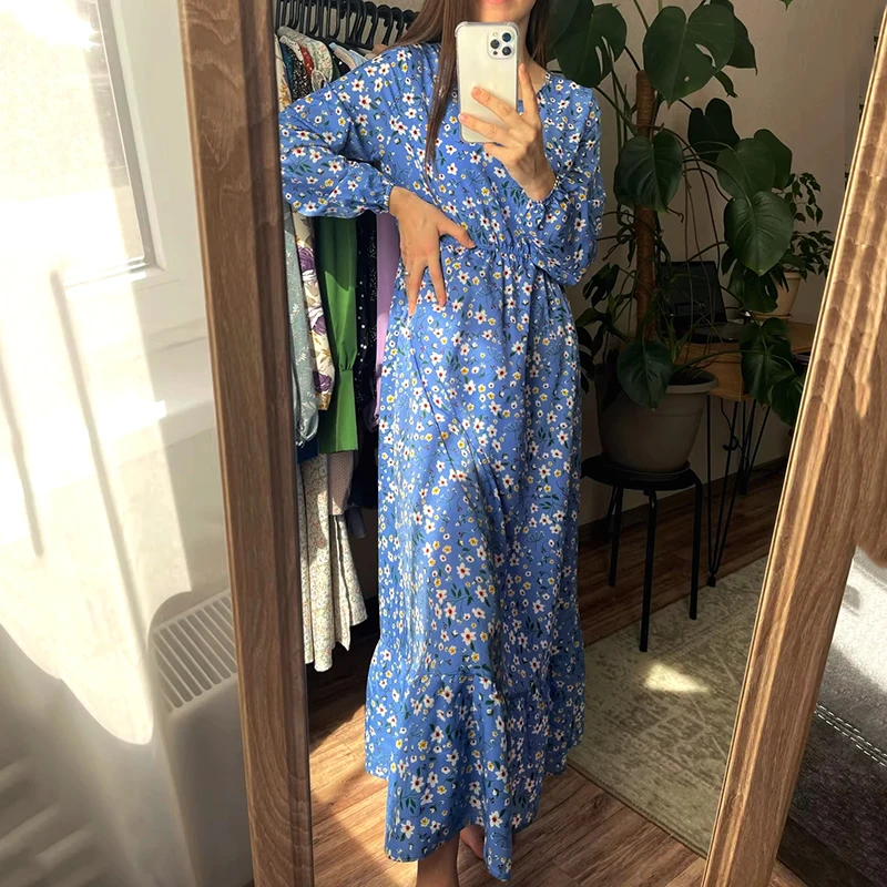 Damskie sukienki maxi w kwiatowe wzory, wiosenno-letnie, codzienne, z okrągłym dekoltem, długim rękawem, wysokim stanem, w kształcie litery A, w stylu boho, na plażę, na imprezę, długie sukienki, vestidos