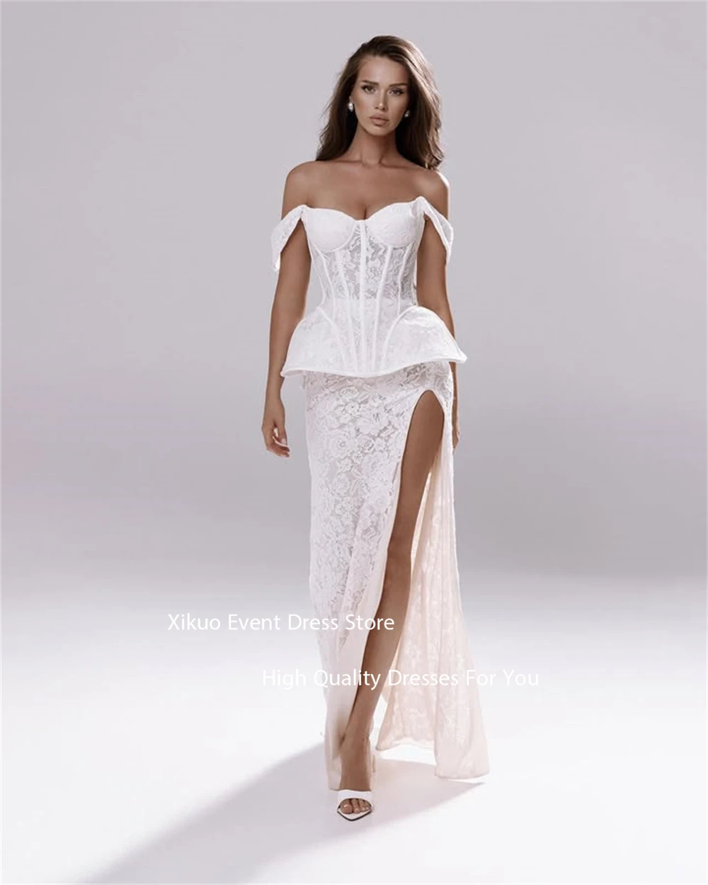 Xikuo Graceful Lace Side High Slit Wedding Dress Off Shoulder Bespoke Occasion Maxi Length Bridal Gowns Bride Dresses Customized