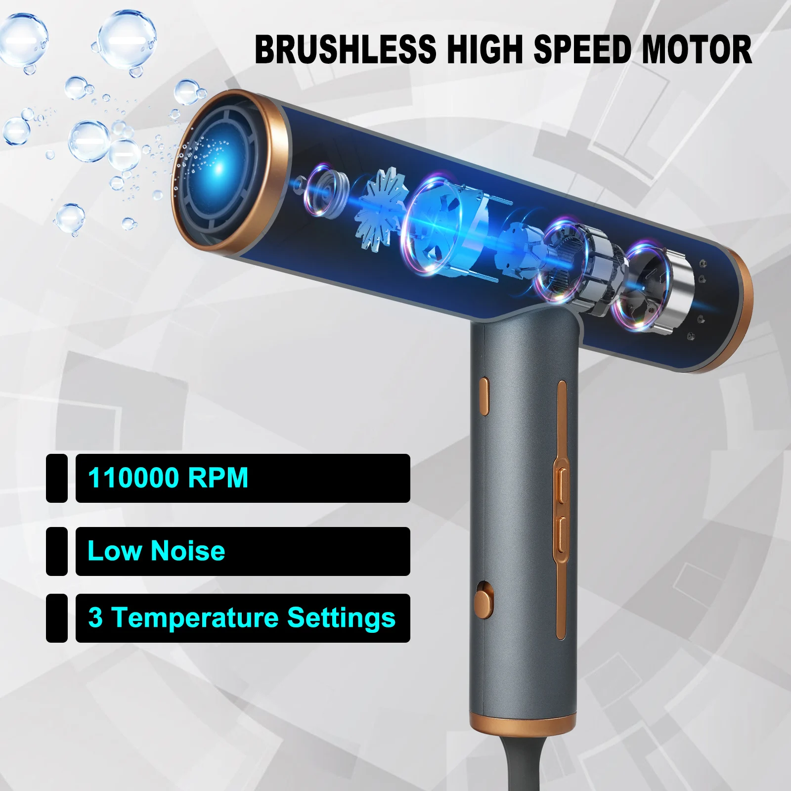 مجفف شعر سريع الجفاف 1600 وات، مجفف شعر 11000 دورة في الدقيقة، 3 سرعات، 3 إعدادات للحرارة، شاشة عرض LED للاستخدام المنزلي والصالون