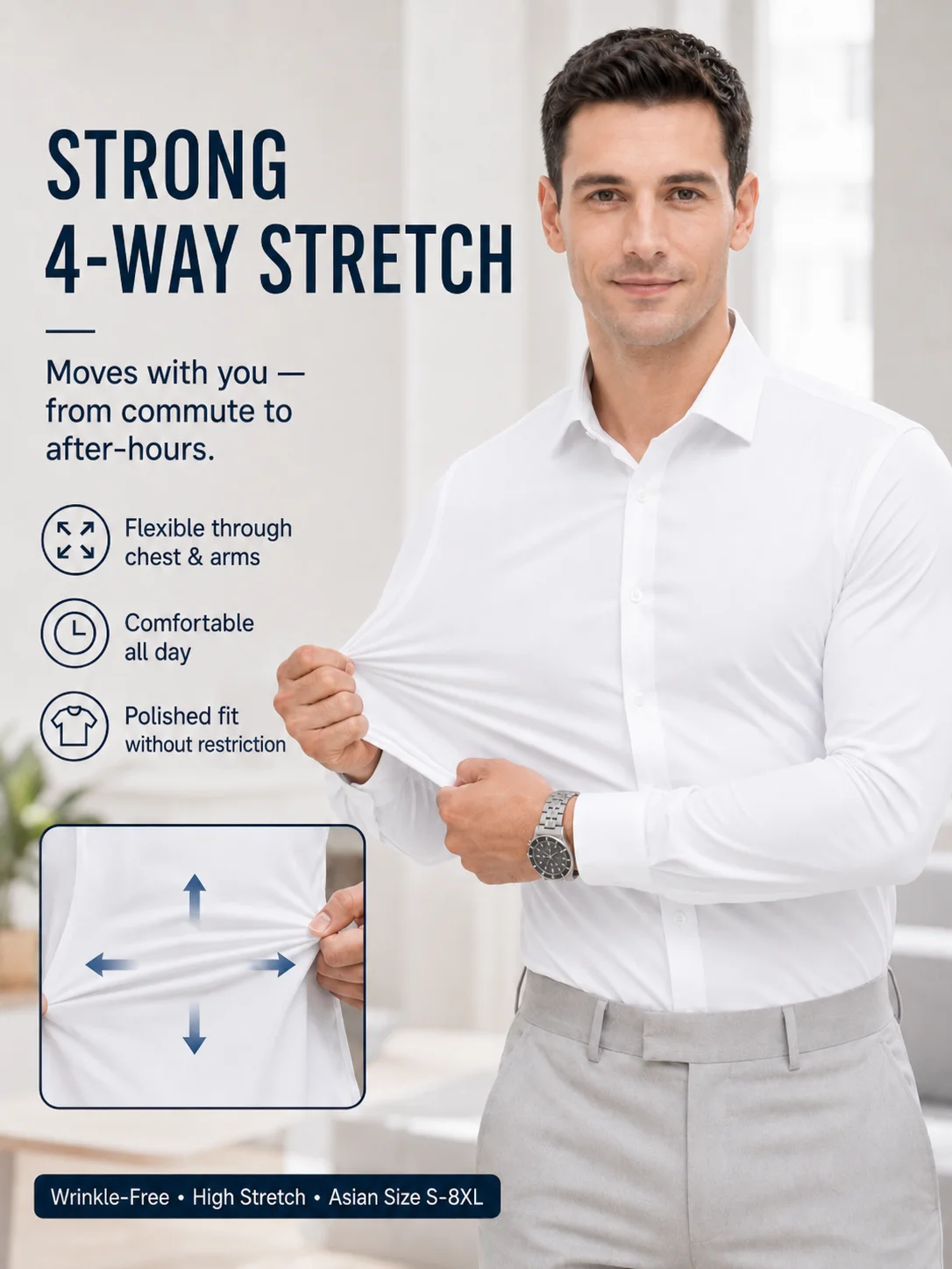 Mens Non-Iron Stretch Dress Shirt Long Sleeve Wrinkle-Free Business Casual Office Shirt Breathable Easy Care Formal Workwear Top - view 2