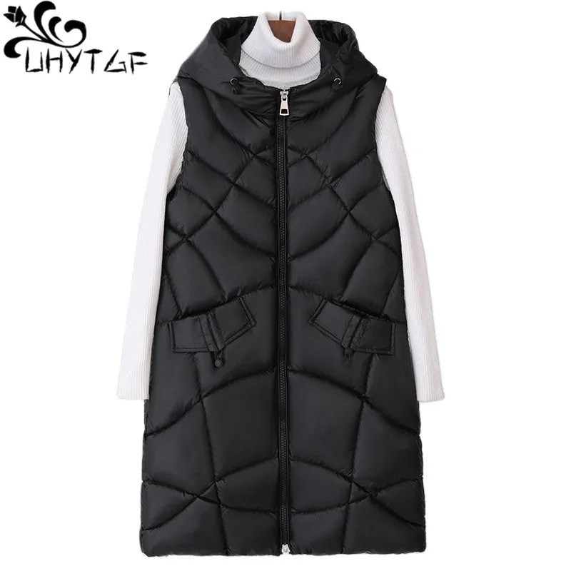 

UHYTGF New Sleeveless Jacket Women's Quality Down Cotton Autumn Winter Vest Female Hooded Casual Warm Parkers Waistcoat Coat 232