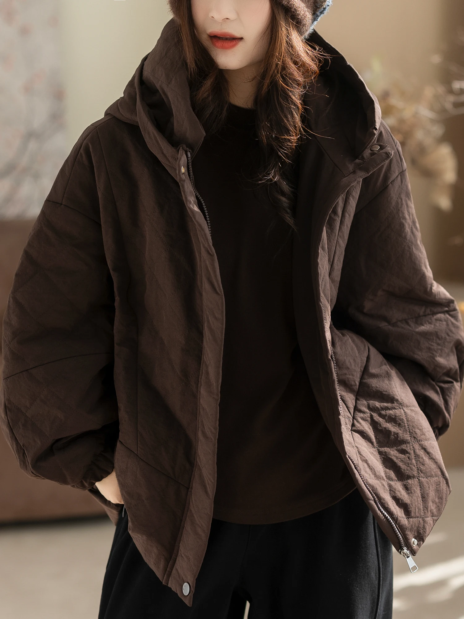 

Женская утепленная хлопковая куртка Kyu: повседневная, свободного кроя, с капюшоном, в стиле ретро, универсальная зимняя верхняя одежда с длинными рукавами и застежкой-молнией