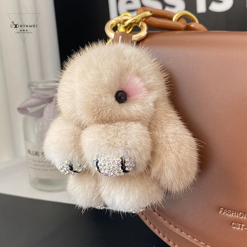 100% Real Mink Fur Key Chain Luxury Rabbit Keychain For Car Keys Fur Keychain Rhinestones Wonmen's Fluffy Key Chain Accessories