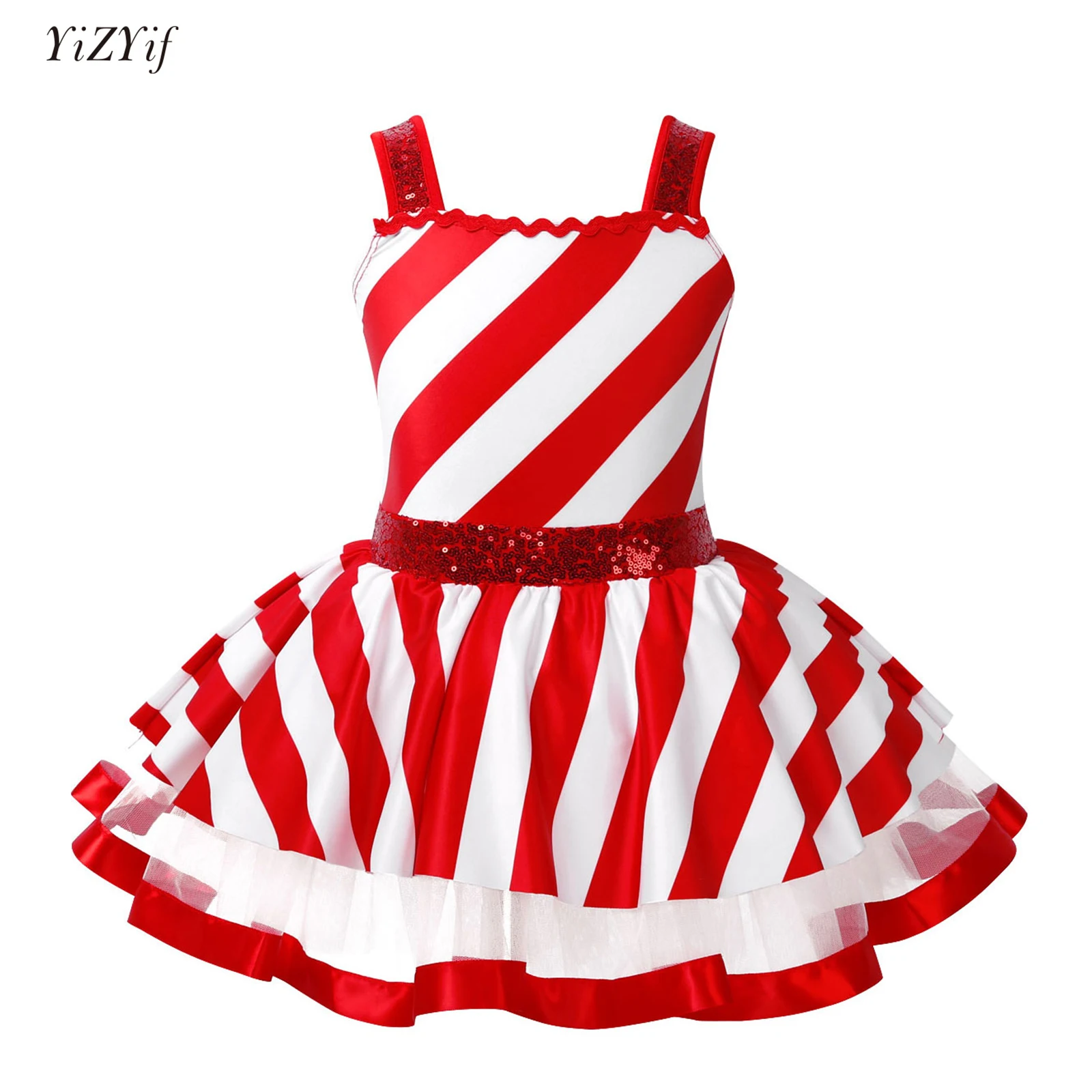

Kids Girls Christmas Dress Cosplay Santa Claus Costumes Shiny Sequins Sleeveless Striped Figure Ice Skating Dance Leotards Dress