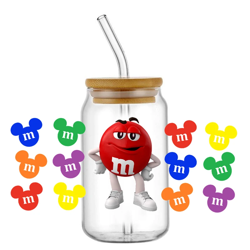 cute Chocolate Beans UV DTF Cup Wrap Transfer Stickers for 16oz Glass Water Bottle Waterproof Iron on Transfer Decals