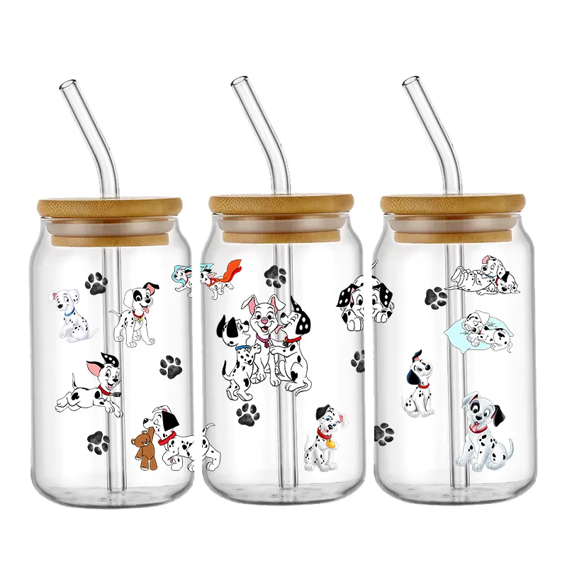 Disney cartoon 101 dálmatas uv dtf copo envolve adesivo de transferência for16oz vidro libbey pode garrafa autoadesiva lavável diy personalizado