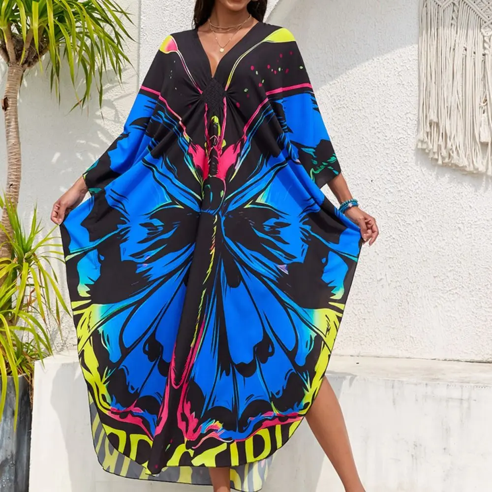 

Fashion V Neck Summer Sunscreen Smock Plus Size Loose Swimsuit Cover Up Dress Casual Vacation Beachwear Shirt for Women