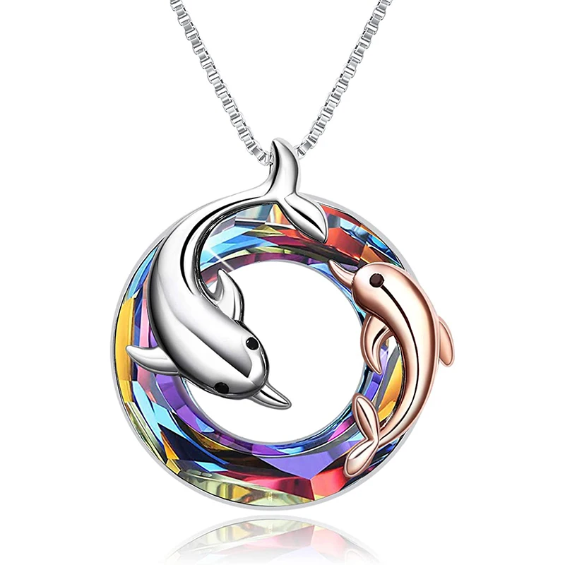 Cute Dolphin collane Round AB Color Crystal Pendant madre e figlia Ocean Animal Jewelry for Mom Girls regali di compleanno