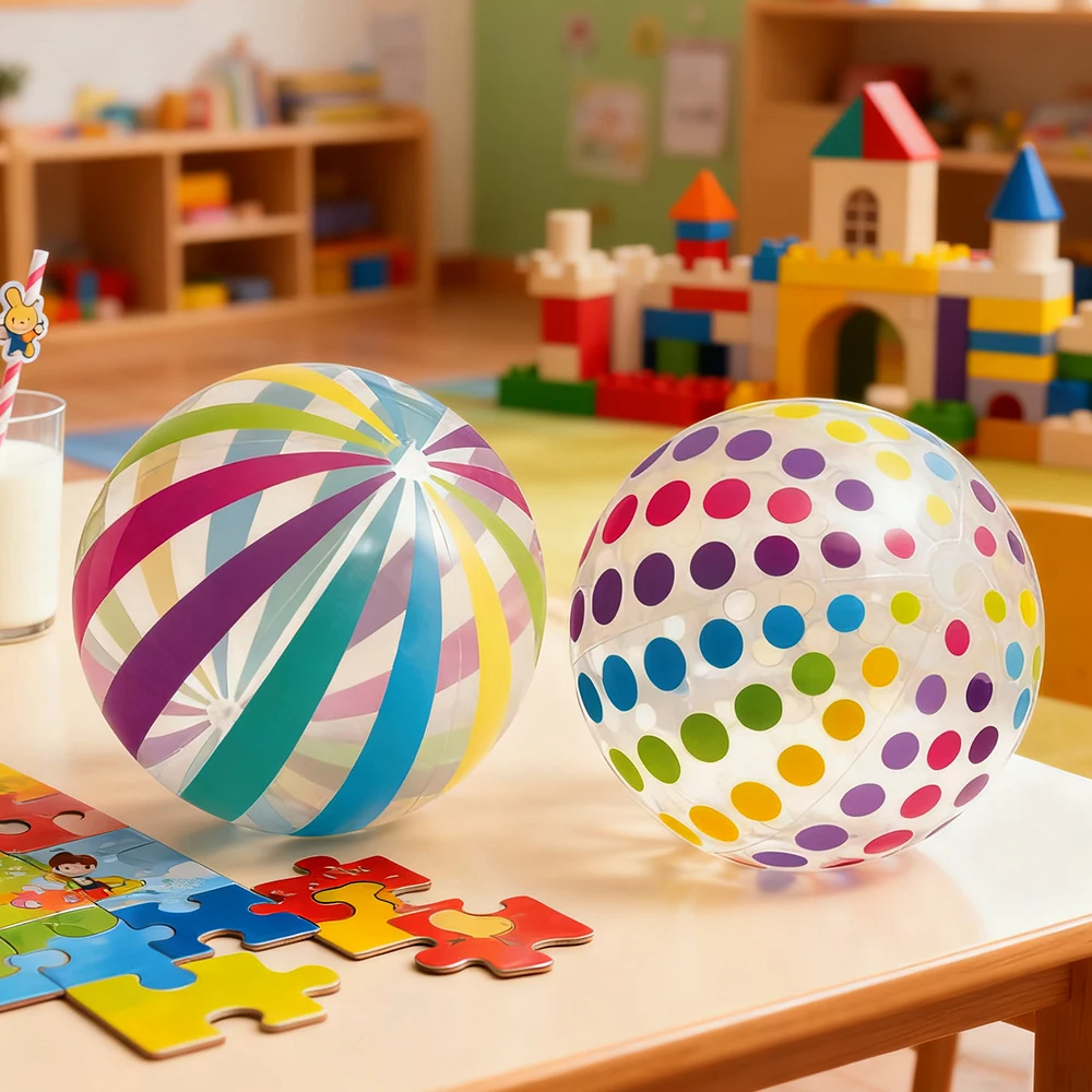 1 Pelota Inflable de PVC con Diseño de Puntos y Rayas - Juguete Transparente Impreso para Fiestas en la Piscina, Juegos Familiares, Juegos Infantiles, Interior/Exterior