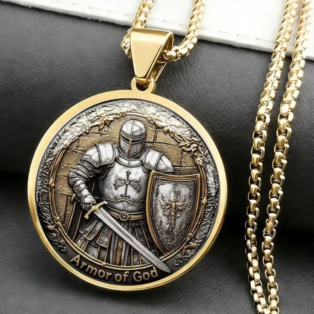 Armor Of God Knight Pendant Necklace, Two-Tone Stainless Steel, Vintage Medieval Warrior Design, Religious Faith Jewelry For Men, Daily Wear & Gift