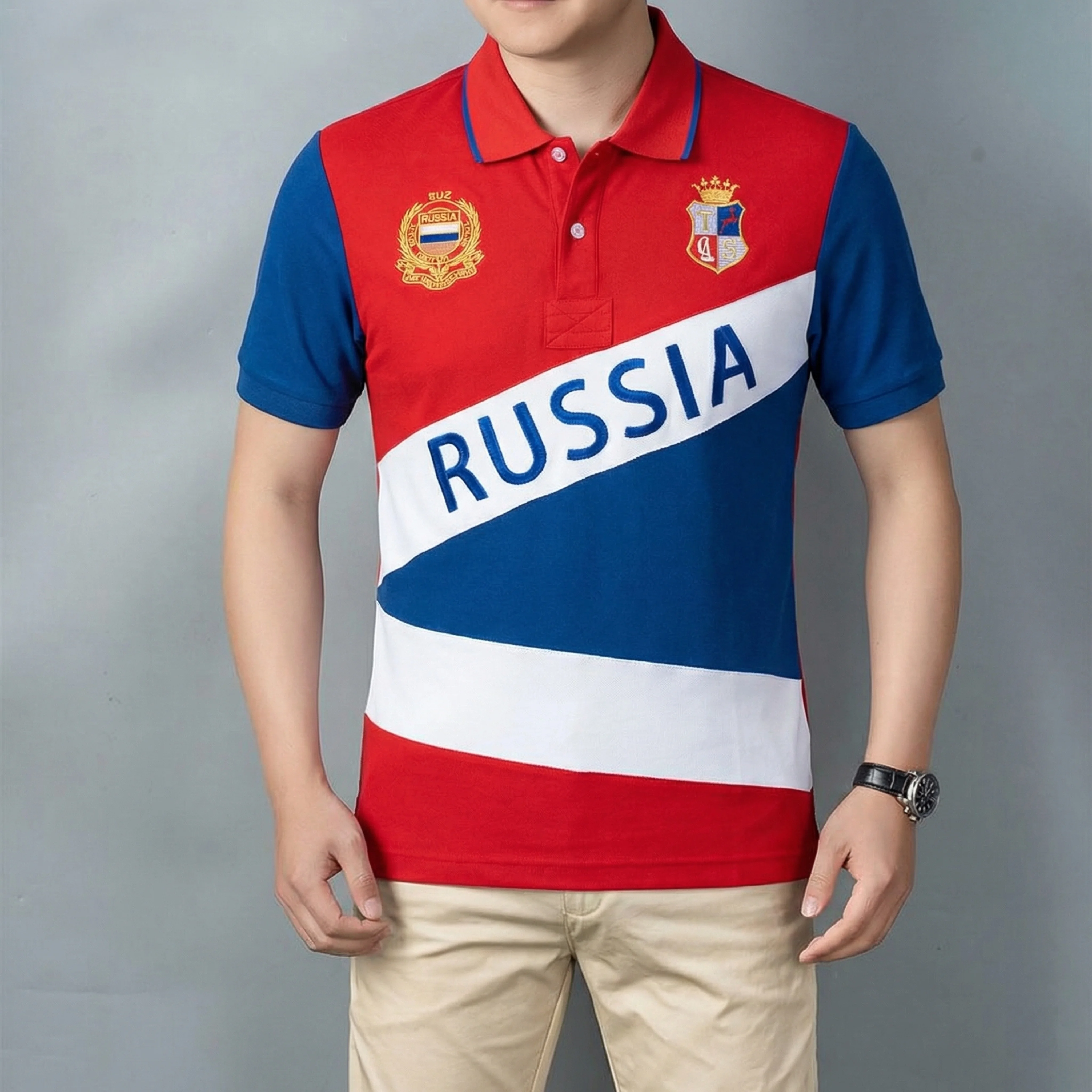 New Summer Men's Polo Shirt RUSSIA Country Embroidery Short-sleeved Loose Sports Golf Collar