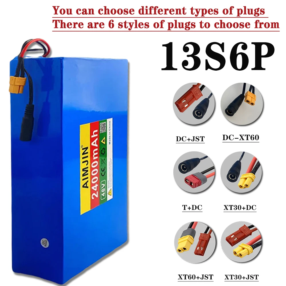 13S6P 48V 24000mAh 2000W Panasonic 18650 lithium-ion battery pack, suitable for 54.6V bicycles+optional built-in BMS plug